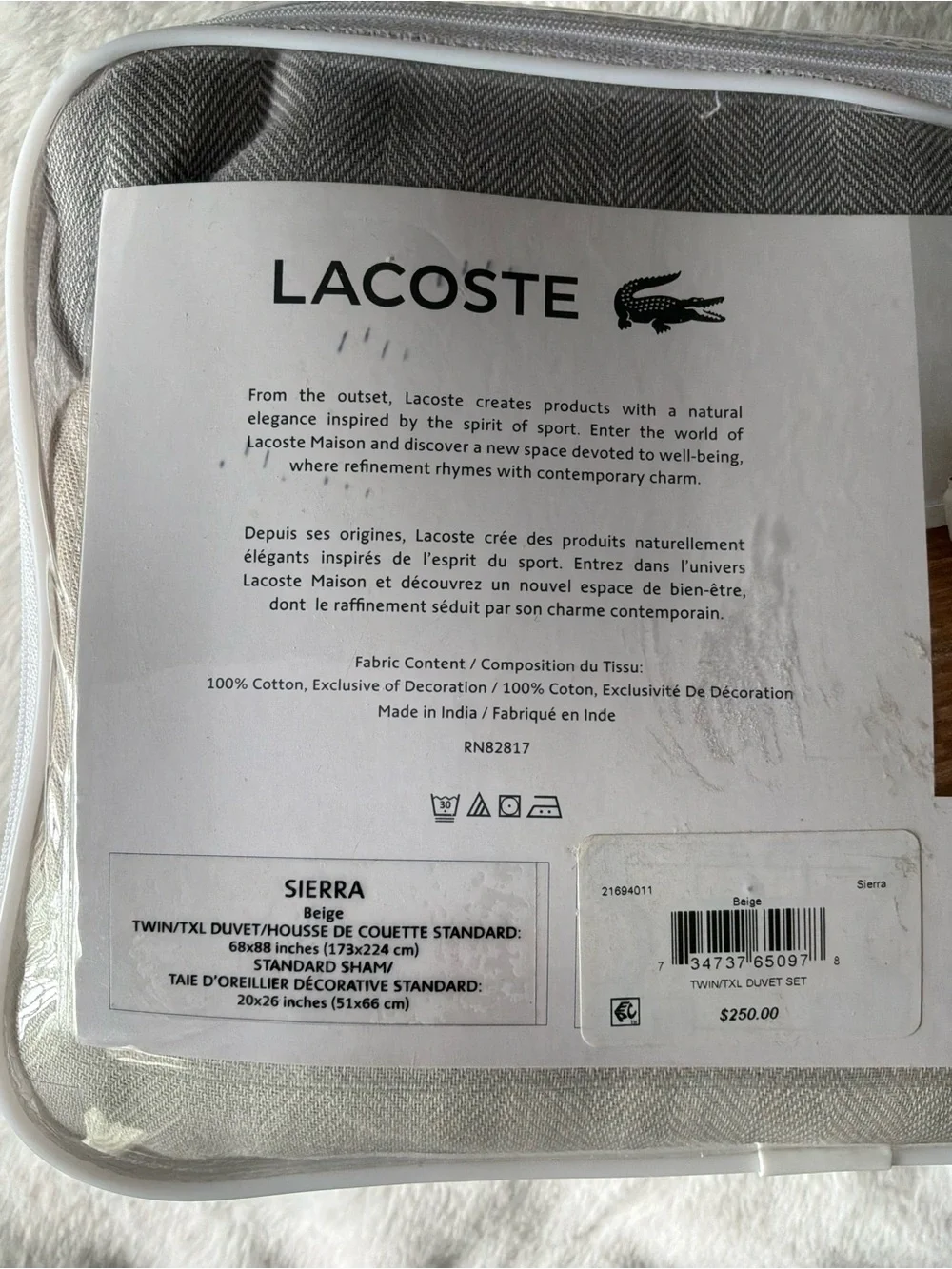 NWT Twin/Twin XL Lacoste Gray Beige & Tan Reversible Duvet Cover